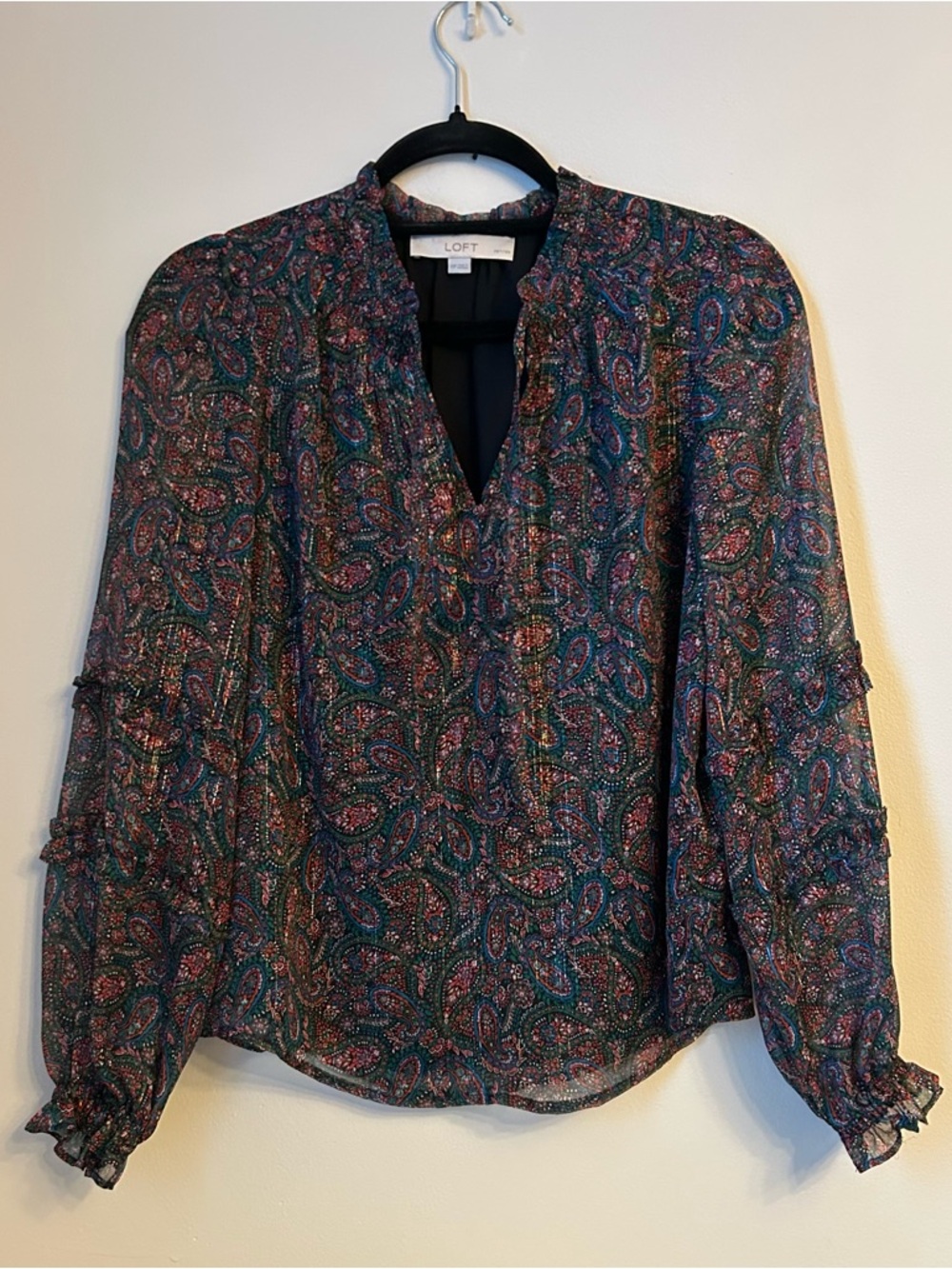 LOFT Women's Paisley Metallic Sheer Ruffle Long-Sleeve Blouse Top